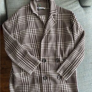 Zara Women’s Checkered Pea Coat in Brown and Cream